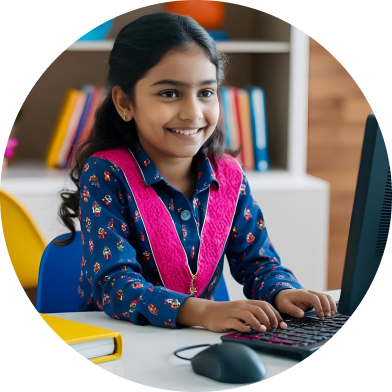 Girl typing on keyboard in classroom, smiling and looking forward